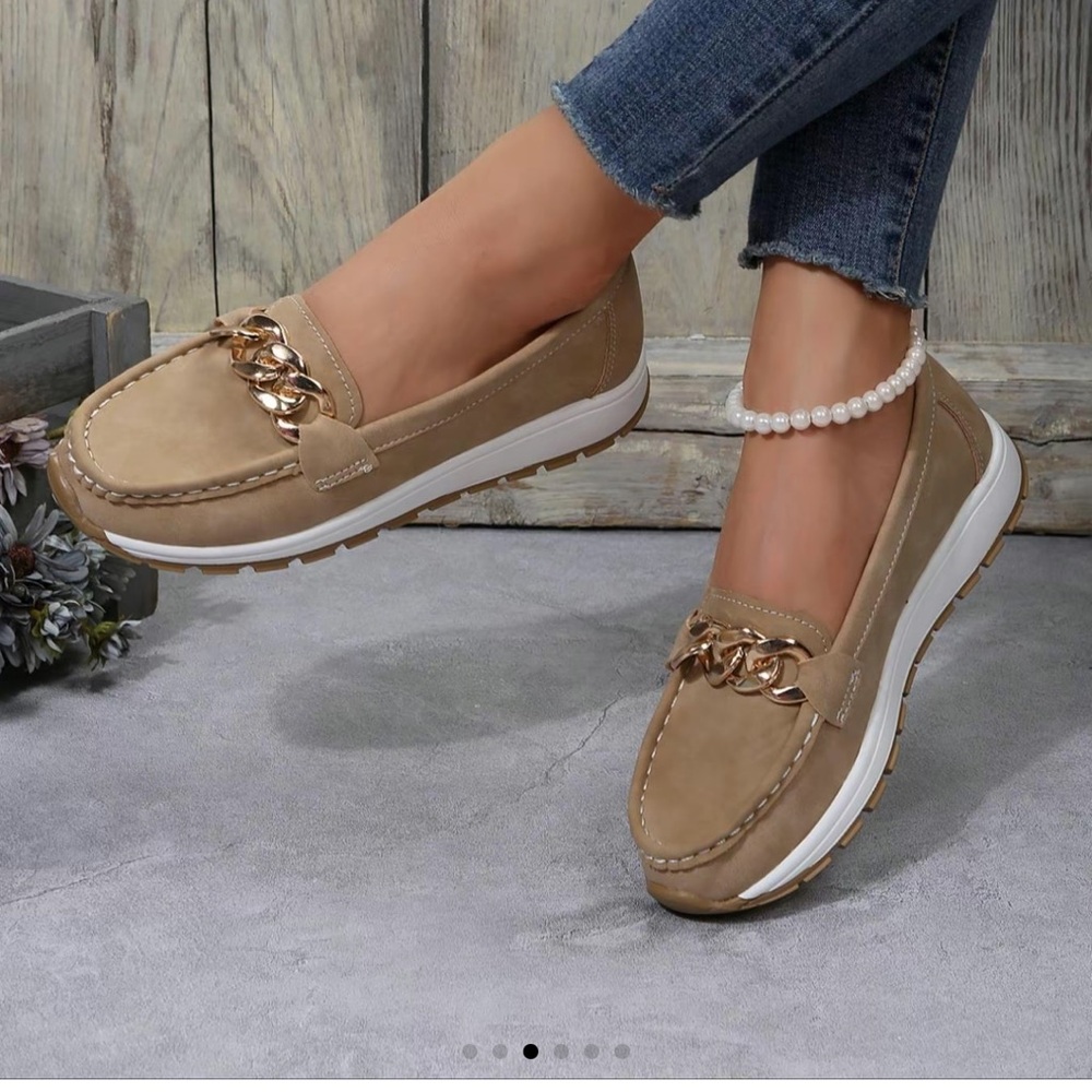 Women's Tan Loafers with Gold Chain Detail